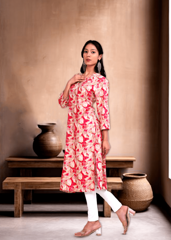 Rhyon Kurti Tie Neck Leaf Print Zarcon Work  