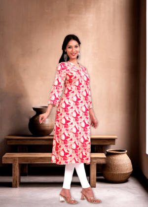 Rhyon Kurti Tie Neck Leaf Print Zarcon Work