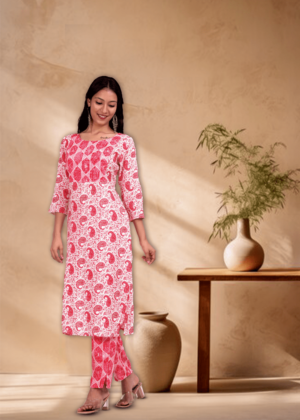 Rhyon Block Print with Value Edition Watermelon Pink kurta set