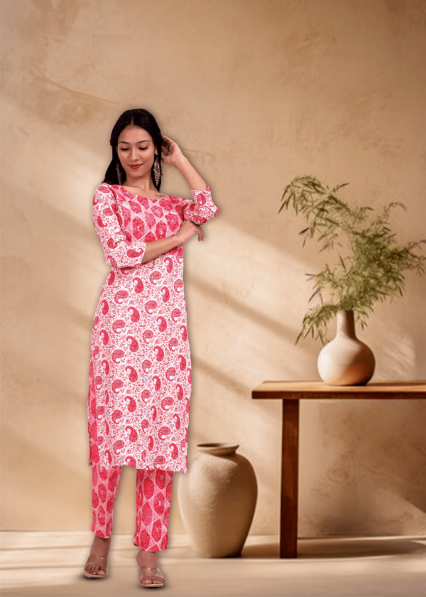 Rhyon Block Print with Value Edition Watermelon Pink kurta set  