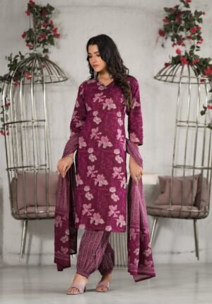 Wine Cotton Straight Kurta Patiala Suit Ensemble