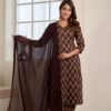 Brown Floral Printed Cotton Suit Set  