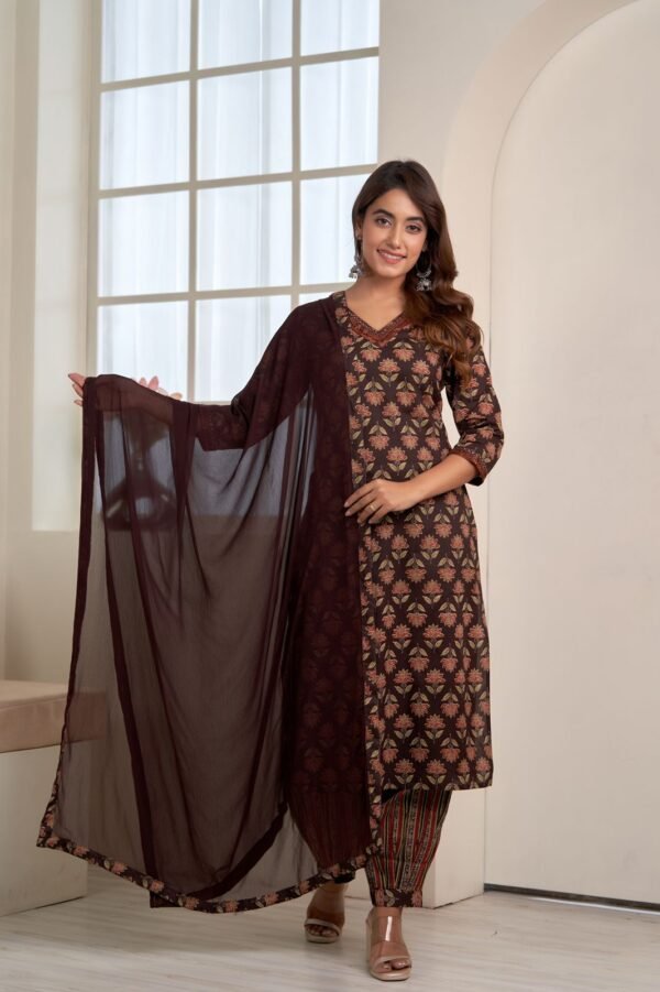 Brown Floral Printed Cotton Suit Set  