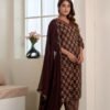 Brown Floral Printed Cotton Suit Set  