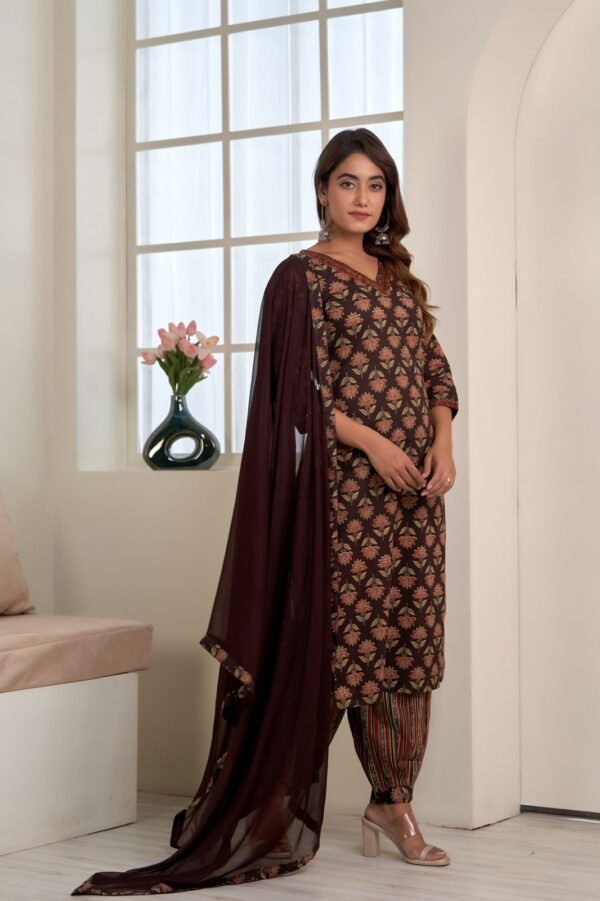 Brown Floral Printed Cotton Suit Set  