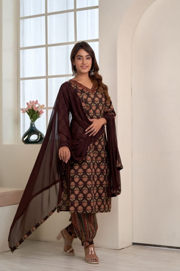 Brown Floral Printed Cotton Suit Set  