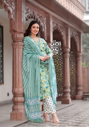 Coral White Cotton Suit Set in Dark Aqua