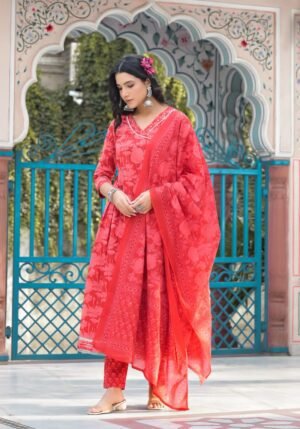 Red Pink Allover Anarkali Suit Set
