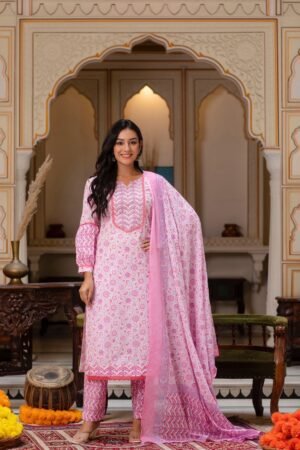 Pink Flare Handblock Printed Cotton Suit Set