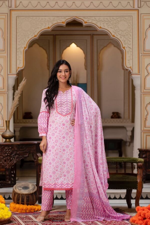 Pink Flare Handblock Printed Cotton Suit Set  