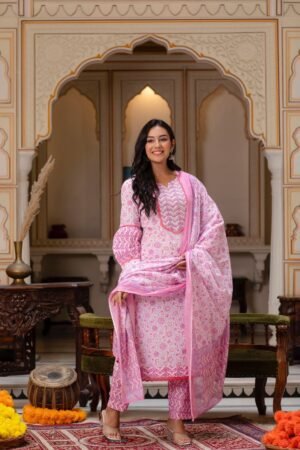 Pink Flare Handblock Printed Cotton Suit Set