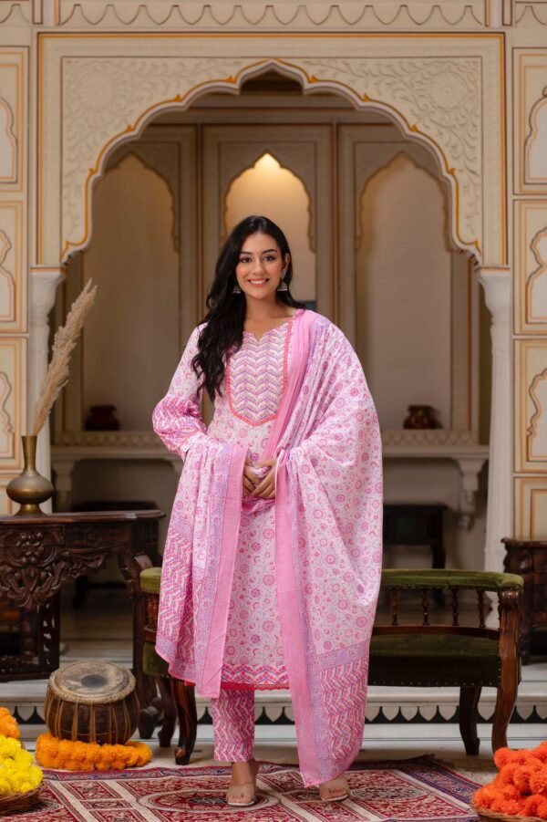 Pink Flare Handblock Printed Cotton Suit Set  