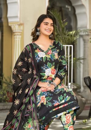 Black Cotton Suit with Floral  Print Salwar Suit