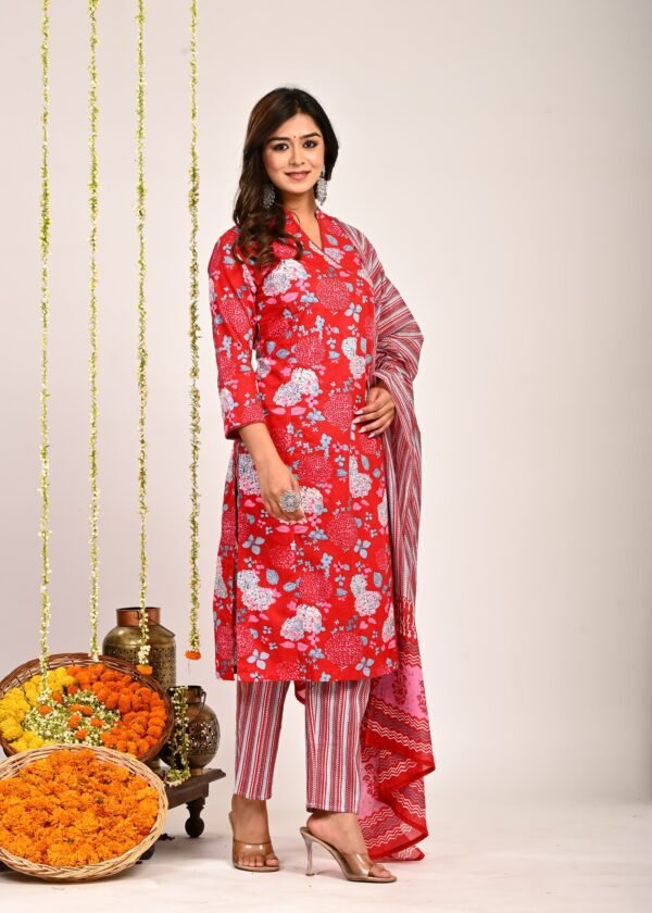 Red Floral Print Suit Set  