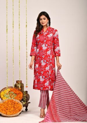 Red Floral Print Suit Set