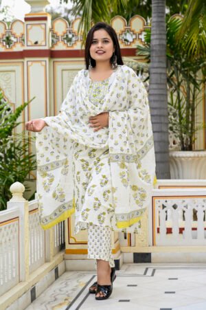 White Pant Salwar Suit with Floral Block Print