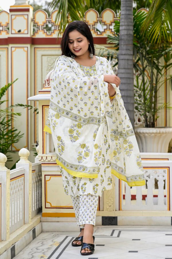 White Pant Salwar Suit with Floral Block Print  