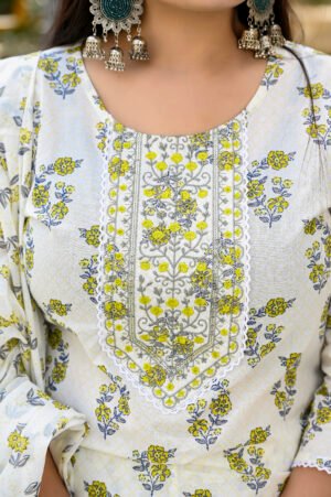 White Pant Salwar Suit with Floral Block Print