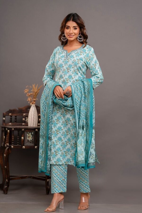 Glacial Blue Cotton Salwar Suit with Floral Print  