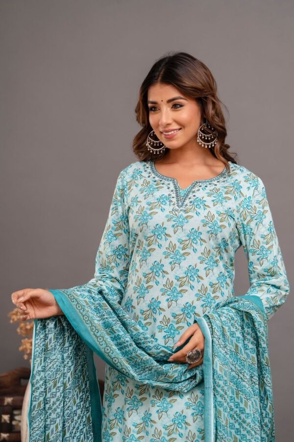 Glacial Blue Cotton Salwar Suit with Floral Print  