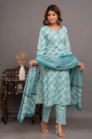Glacial Blue Cotton Salwar Suit with Floral Print