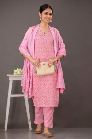 Pink Rosy Bandhani Print Cotton Suit Set