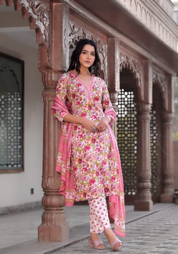 Cotton Floral Suit Set in French Rose Pink  