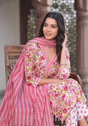 Cotton Floral Suit Set in French Rose Pink