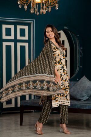 Dark Jungle Green Floral Printed Suit Set