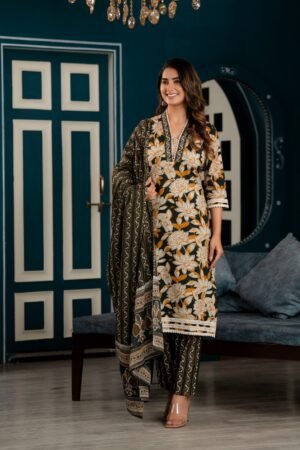 Dark Jungle Green Floral Printed Suit Set