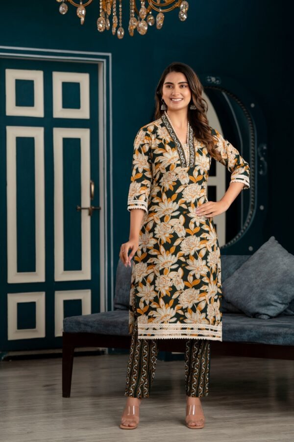 Dark Jungle Green Floral Printed Suit Set  