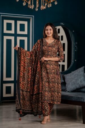 Reddish Gray Salwar Suit with Ajrakh Print