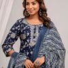 Cotton Suit Set with Floral Design in Indigo  