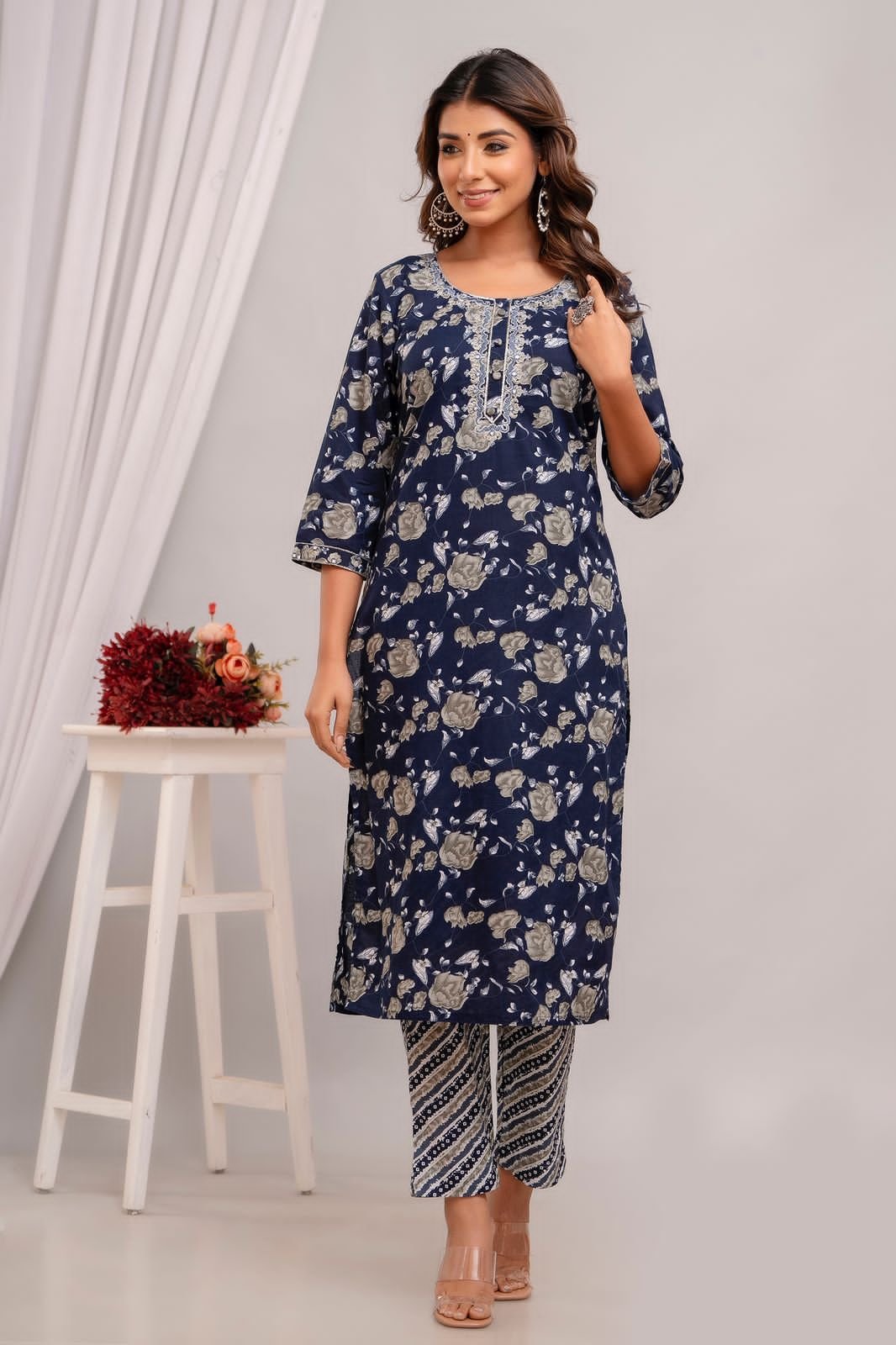 Cotton Suit Set with Floral Design in Indigo  