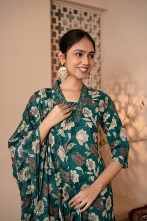 Salwar Suit Set with Floral Print in Deep Aqua