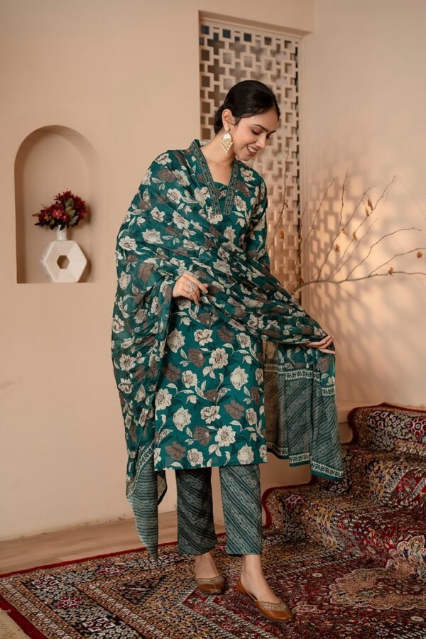 Salwar Suit Set with Floral Print in Deep Aqua  