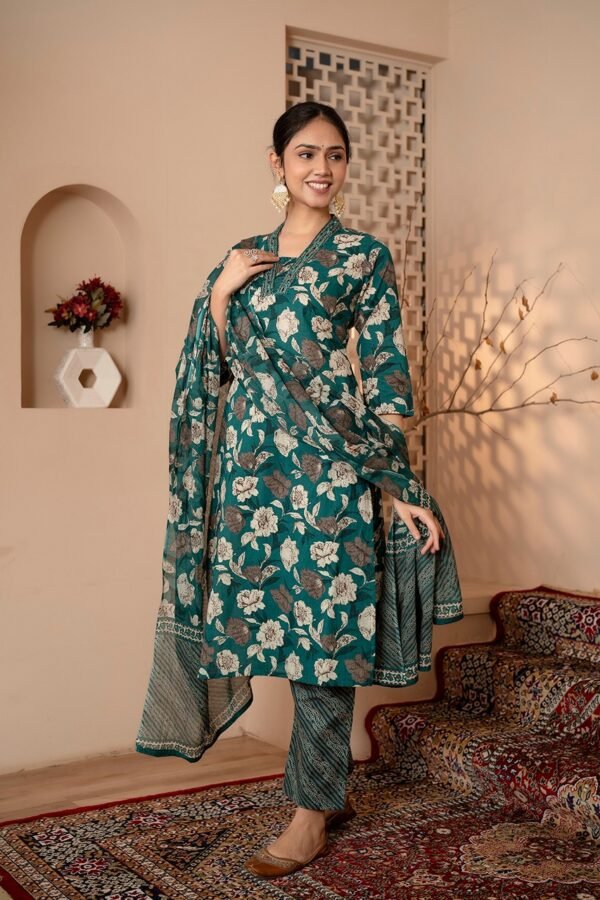 Salwar Suit Set with Floral Print in Deep Aqua  