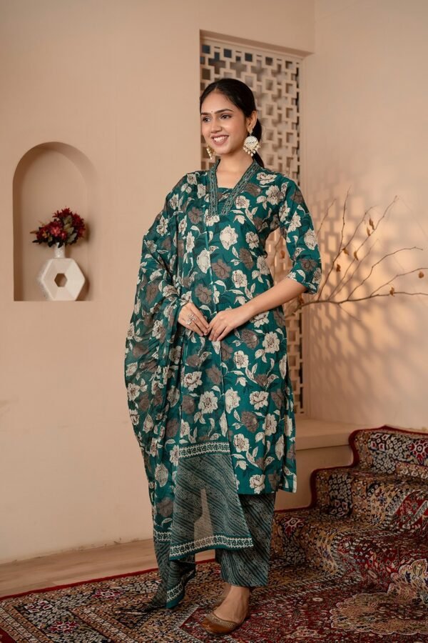 Salwar Suit Set with Floral Print in Deep Aqua  