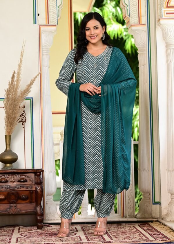 Salwar Suit with Zig Zag Print in Teal Green  