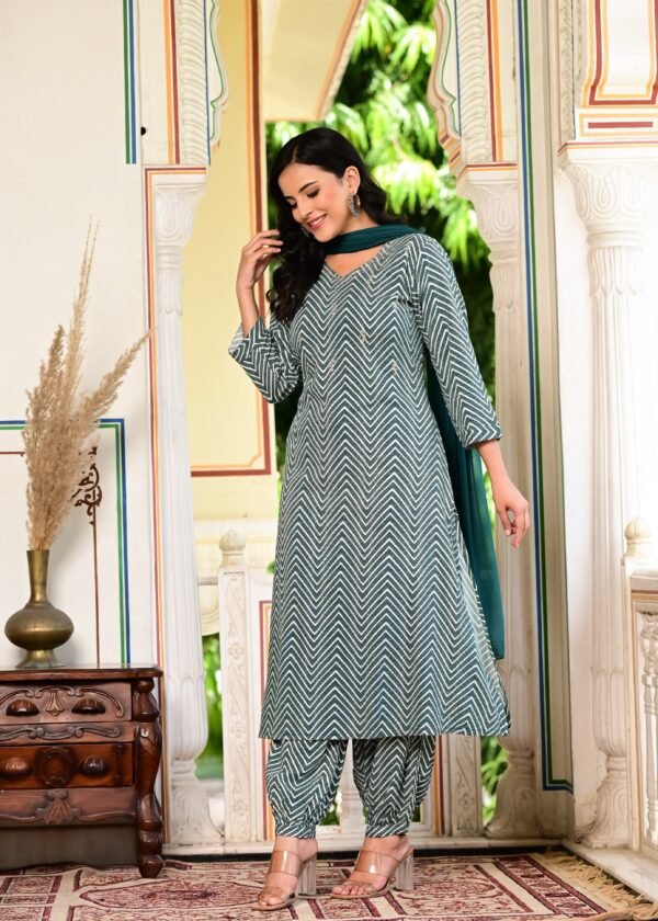 Salwar Suit with Zig Zag Print in Teal Green  