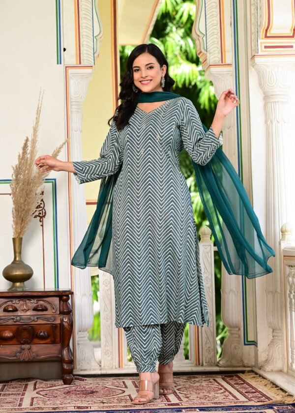 Salwar Suit with Zig Zag Print in Teal Green  