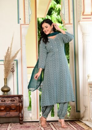 Salwar Suit with Zig Zag Print in Teal Green