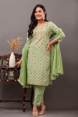 Bandhani Suit Set in Olive Green Cotton