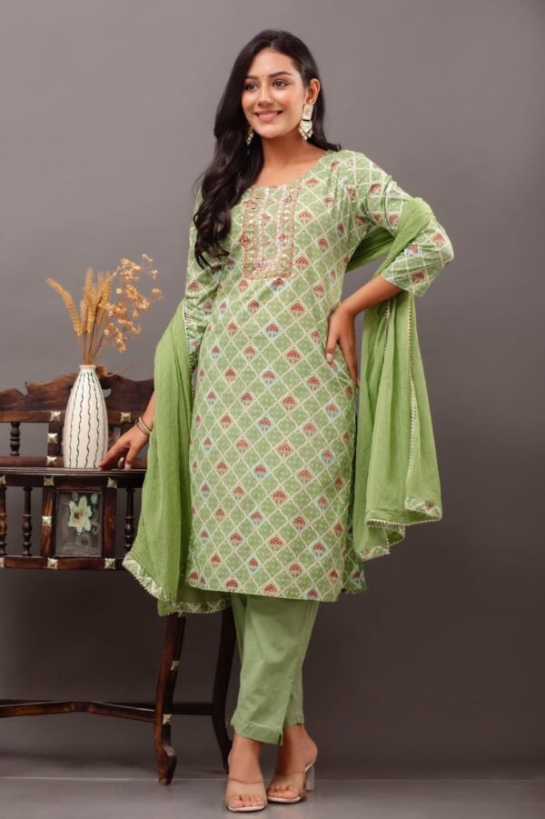 Bandhani Suit Set in Olive Green Cotton  