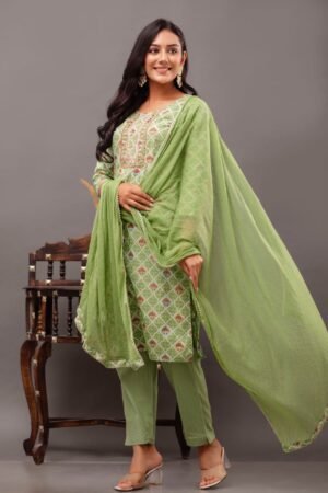 Bandhani Suit Set in Olive Green Cotton