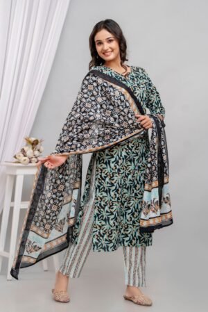 Cotton Floral Suit Set in Dark and Crystal Blue