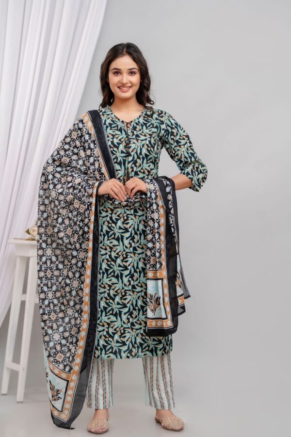 Cotton Floral Suit Set in Dark and Crystal Blue  