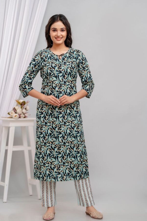 Cotton Floral Suit Set in Dark and Crystal Blue  