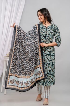 Cotton Floral Suit Set in Dark and Crystal Blue