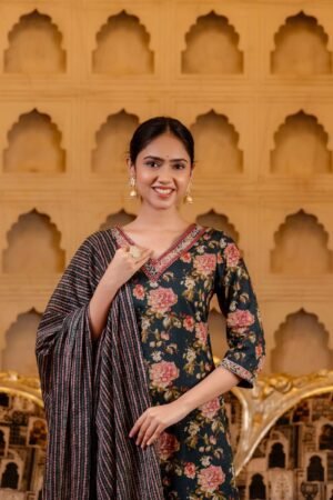 Floral Salwar Suit in Dark and Burnt Umber Cotton